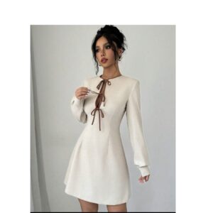 Shein open front bow tie drawstring in nude/brown casual Long sleeve dress 16
