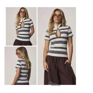 Missguided stripe knit keyhole  polo Tshirt in cream color mix