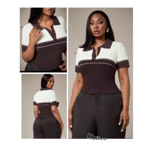 SHEIN plus  solid collar knit tshirt polo top in brown XL