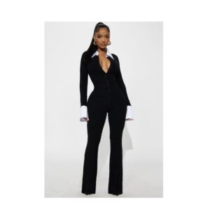 Fashionnova Collegiate Cutie Long Sleeve Flare Jumpsuit in black & white mix long sleeve
