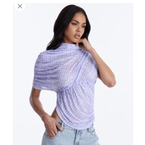 Fashionnova picnic date plaid mesh ruched shirt sleeve top  in lavender combo L