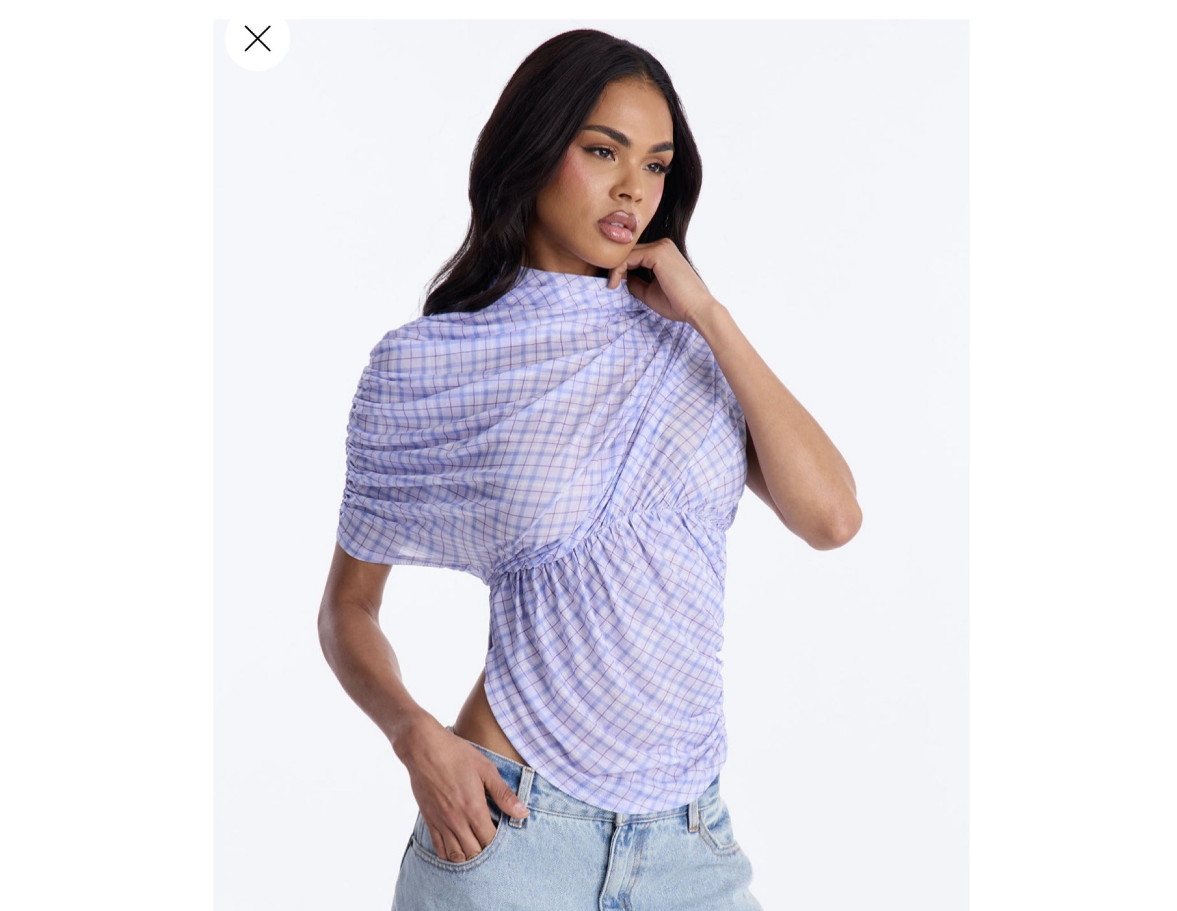 Fashionnova picnic date plaid mesh ruched shirt sleeve top in lavender combo L Fashionnova picnic date plaid mesh ruched shirt sleeve top in lavender combo L
