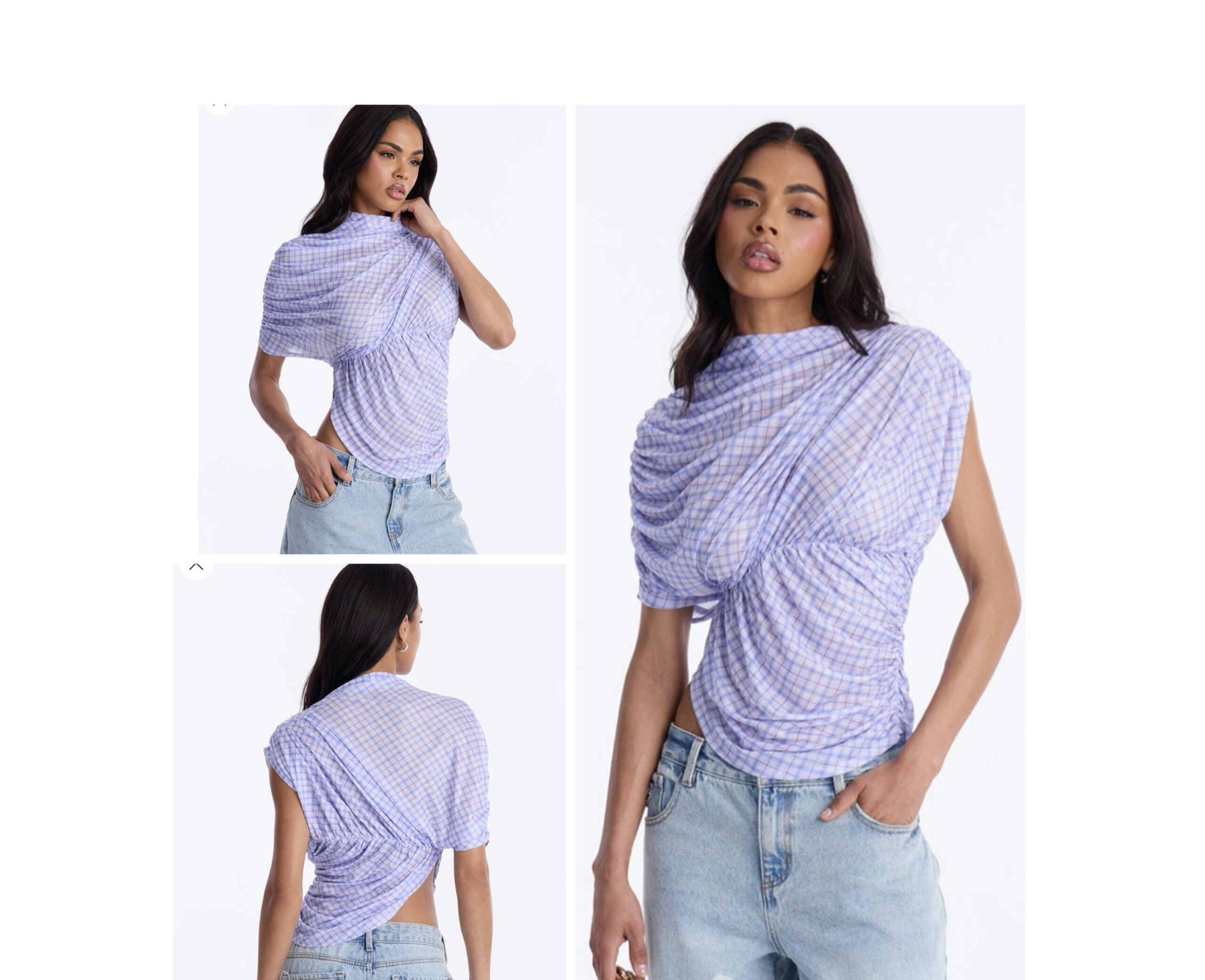 Fashionnova picnic date plaid mesh ruched shirt sleeve top in lavender combo L Fashionnova picnic date plaid mesh ruched shirt sleeve top in lavender combo L - Image 2