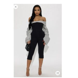 Fashionnova Ester Pinstripe Capri Jumpsuit - Black/combo off shoulder romper stripe L