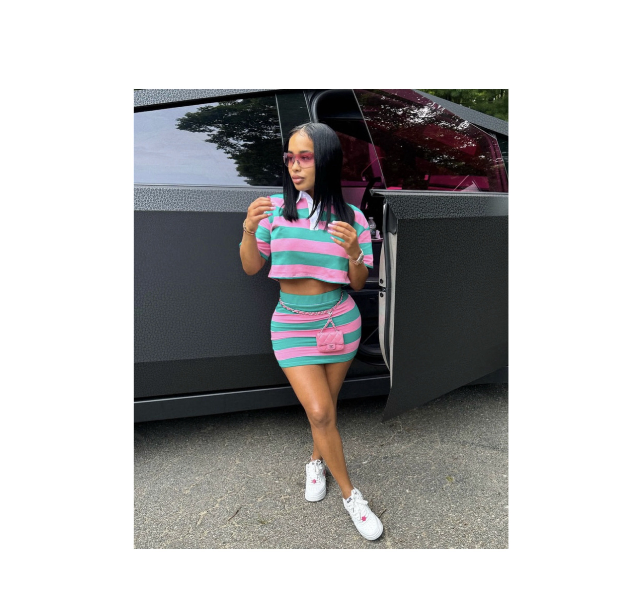 Fashionnova Lindsay striped polo skirt set in pink combo two piece skirt Fashionnova Lindsay striped polo skirt set in pink combo two piece skirt
