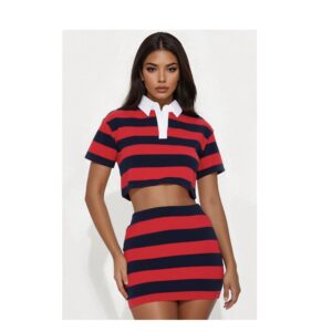 Fashionnova Lindsay  striped polo skirt set  in navy red combo two piece skirt
