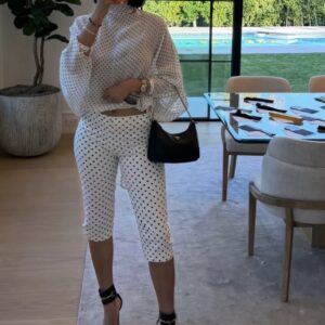 SHEIN polka dot two piece high neck chiffon top and capri pant set in white & black 10