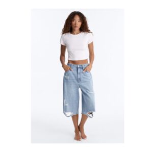 Fashionnova BCN Nights Ripped Culotte Jeans - Light Wash like Jort distress denim 13