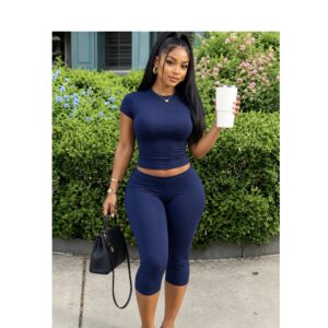 Shein short sleeve top & leggings two piece set in dark navy blue L