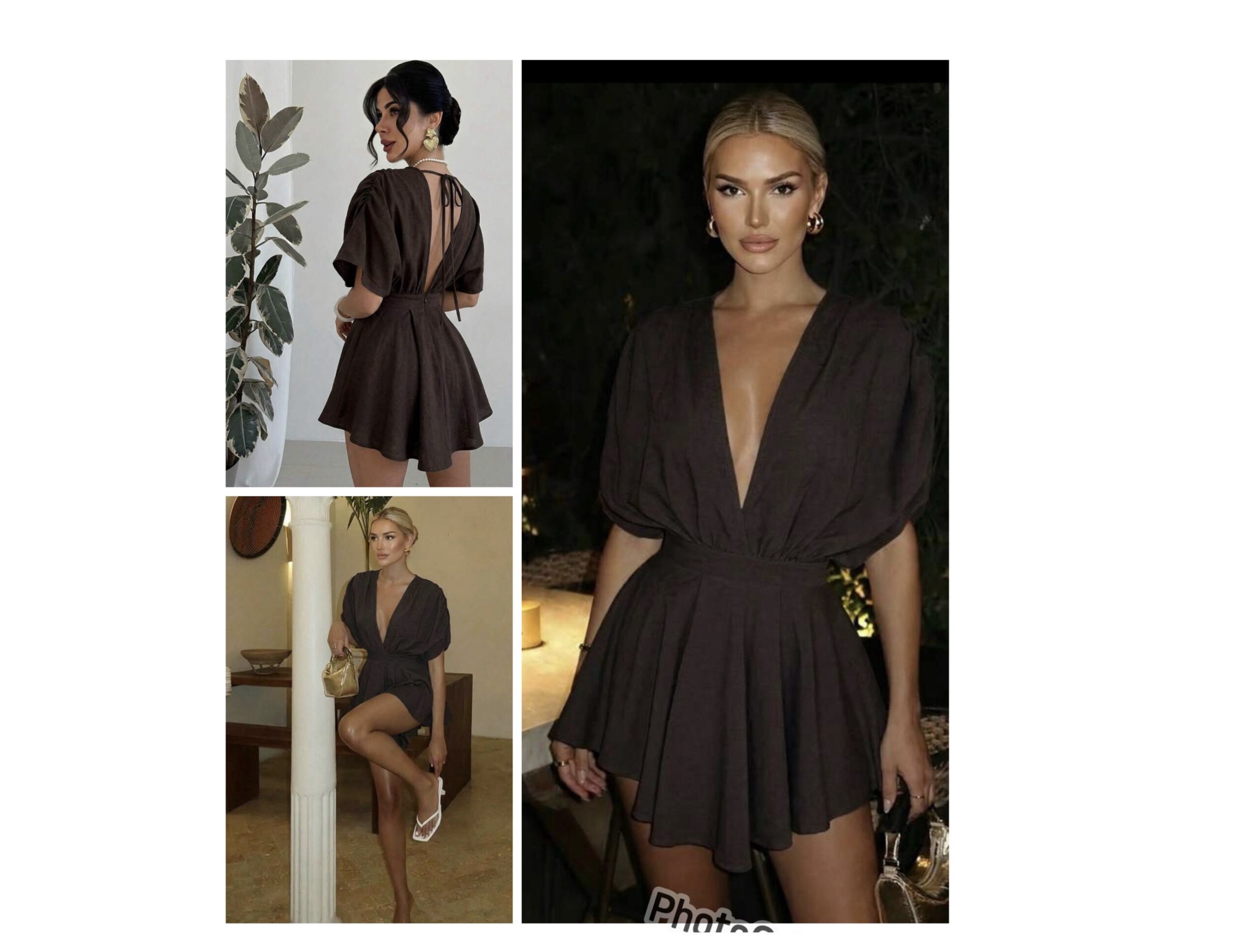 SHEIN solid short sleeve deep vneck mini casual dress in brown M SHEIN solid short sleeve deep vneck mini casual dress in brown M - Image 2