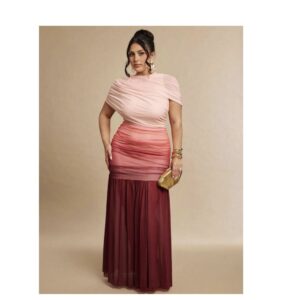 SHEIN classy ruched plus ombre multicolor maxi mesh dress in light pink/burgundy XL