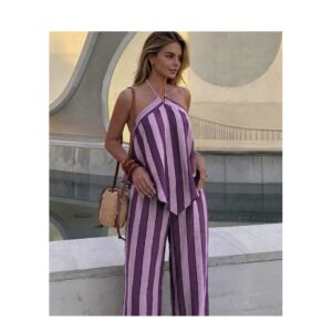 SHEIN two piece casual set in solid halter top and stripe pant in purple multicolor L