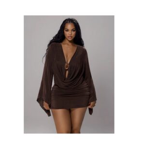 SHEIN sexy plus cowl neck drape style with brown metal detail mini dress in brown 16