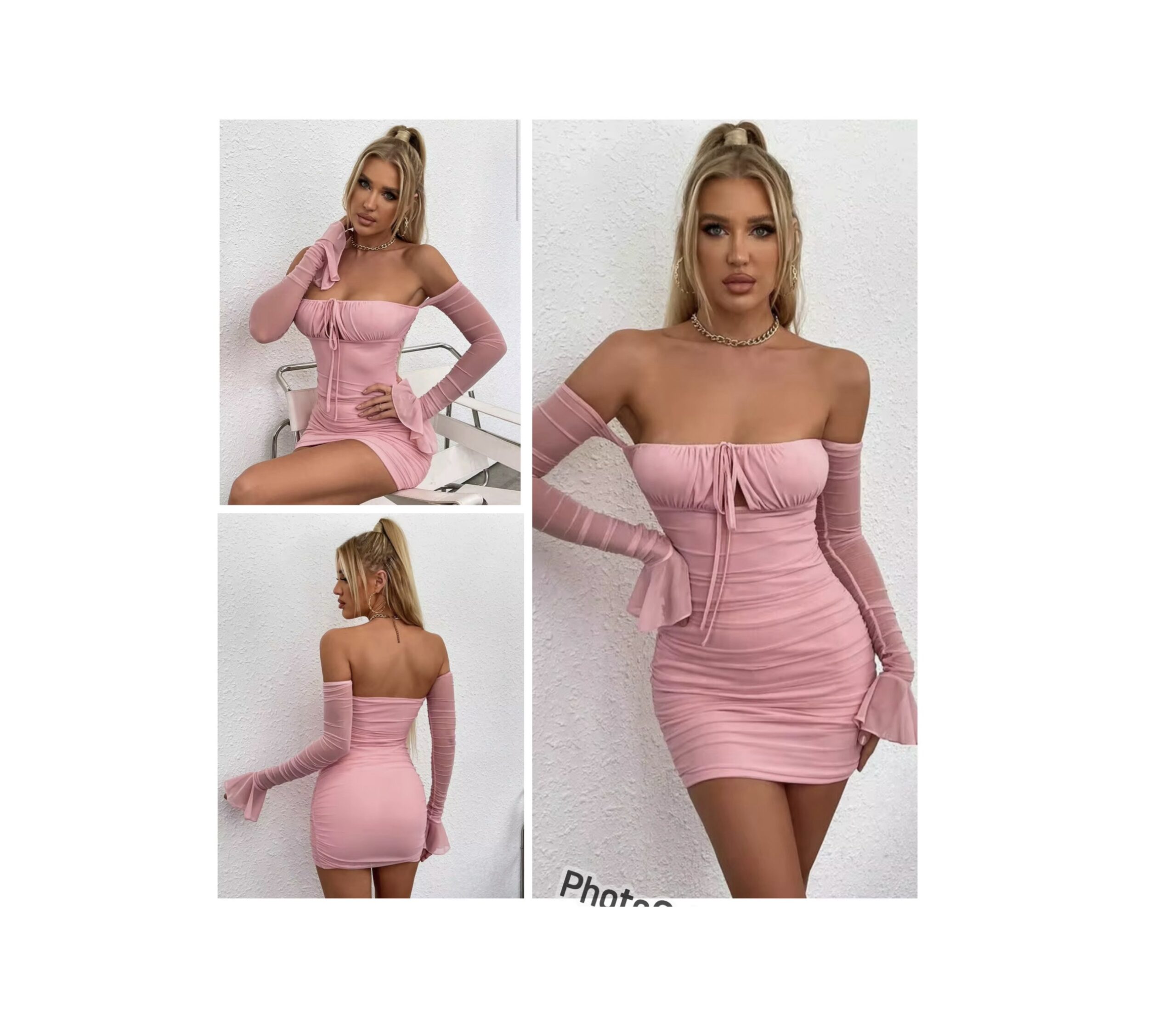 SHEIN off shoulder bell long sleeve light baby pink ruched mini dress M SHEIN off shoulder bell long sleeve light baby pink ruched mini dress M - Image 2