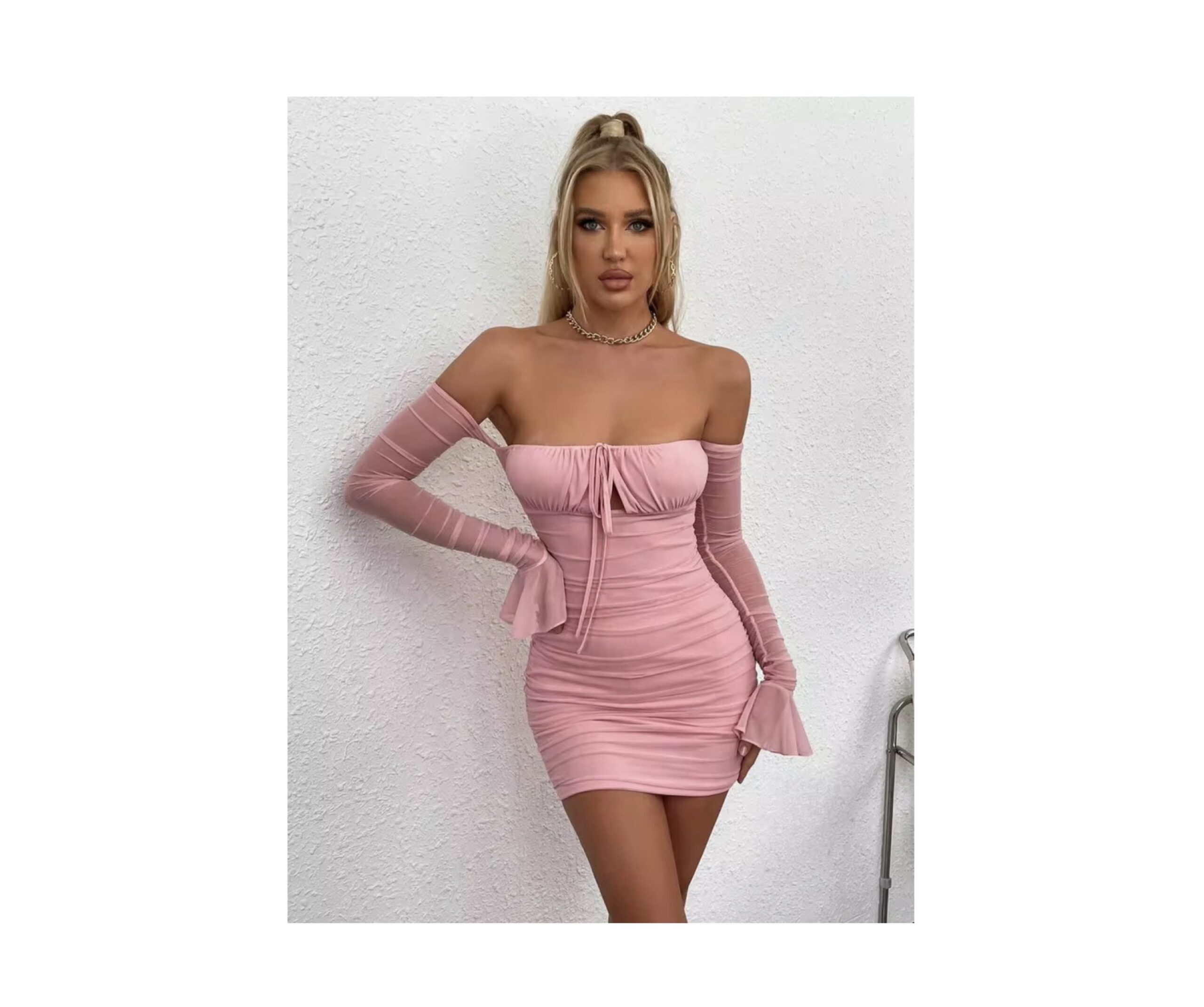 SHEIN off shoulder bell long sleeve light baby pink ruched mini dress M SHEIN off shoulder bell long sleeve light baby pink ruched mini dress M