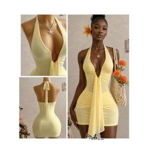 SHEIN halter deep v neck mesh drape mini dress in light yellow M