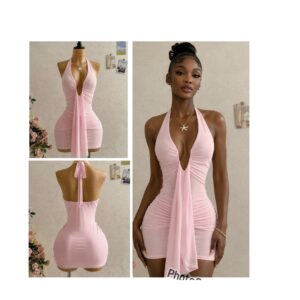 SHEIN halter deep v neck mesh drape mini dress in light pink M