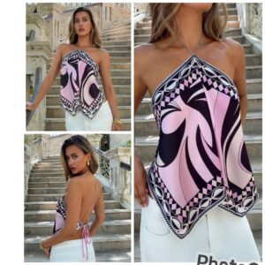 SHEIN silk  bohemian halter printed scarf top in pink with black