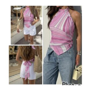 SHEIN scarf silk bohemian halter printed top in pink with white
