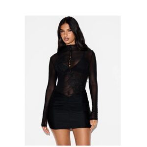 SHEIN high neck long sleeve mesh dress with embroidery details in black M