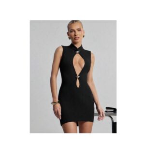 SHEIN tank high neck front cut out mini dress in black with gold details