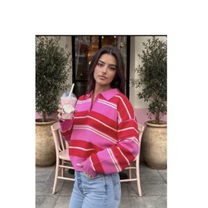 SHEIN multi color knit polo collar shirt top in stripe pink