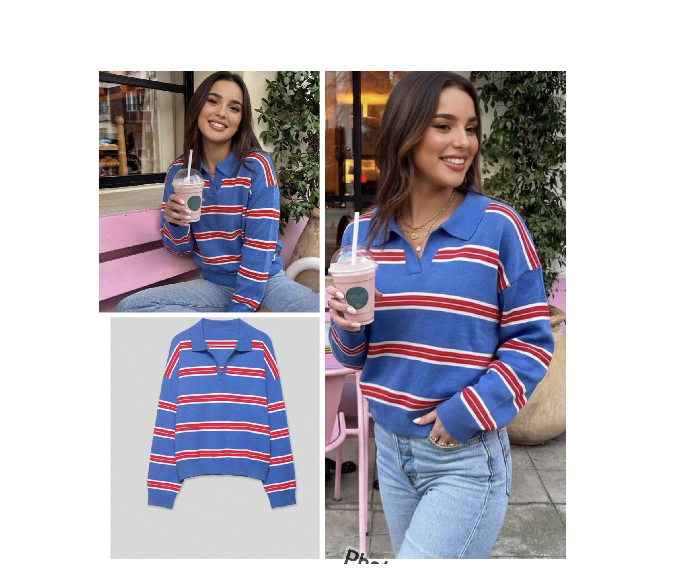 SHEIN knit polo with collar in stripe multi color blue and red L SHEIN knit polo with collar in stripe multi color blue and red L - Image 2