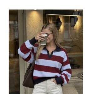 SHEIN knit polo with collar in stripe multi color  burgundy & light blue L