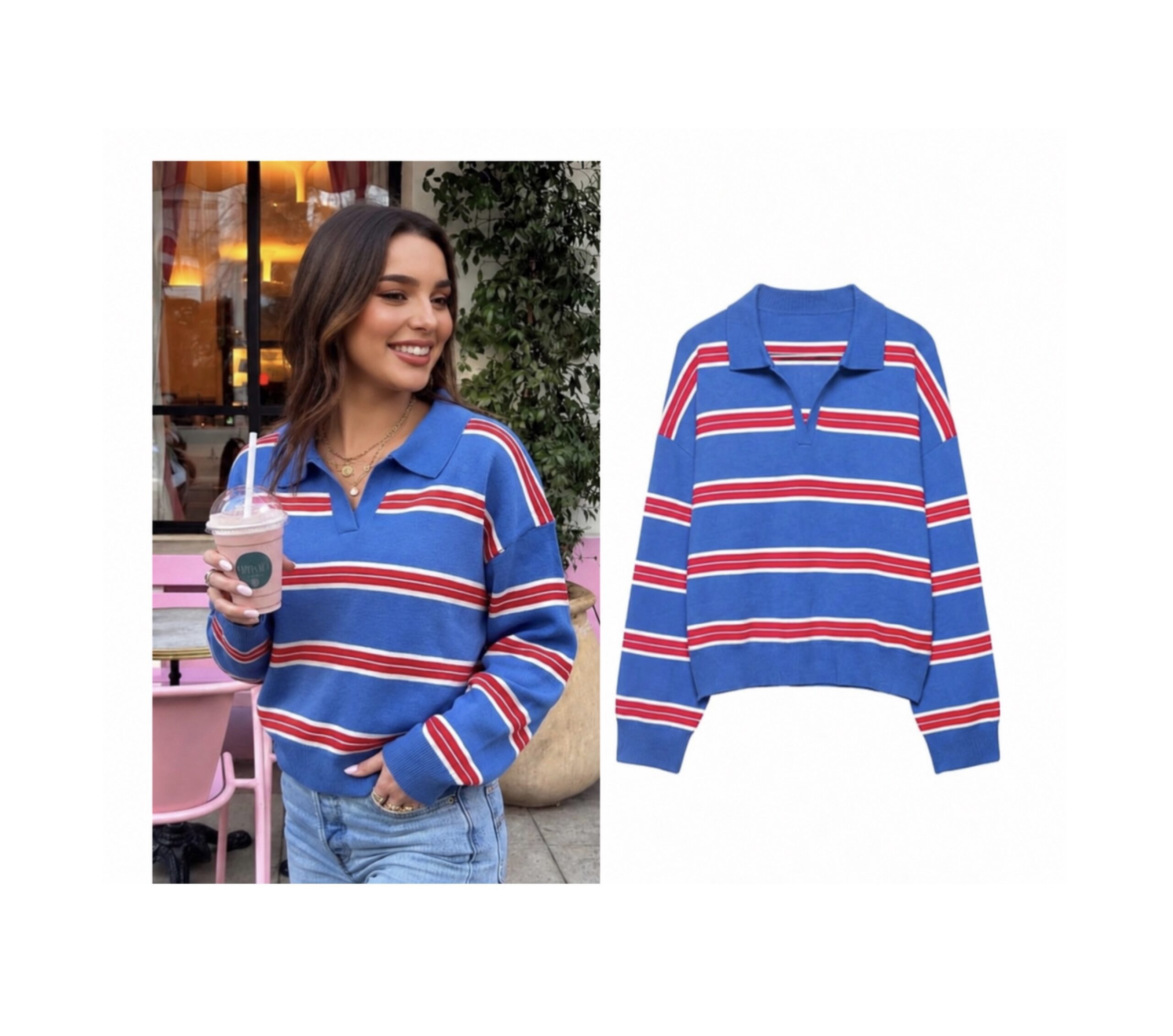 SHEIN knit polo with collar in stripe multi color blue and red L SHEIN knit polo with collar in stripe multi color blue and red L