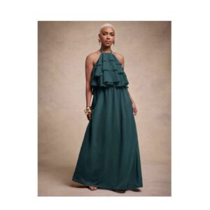 SHEIN halter step front ruffles in backless maxi in  dark green  M