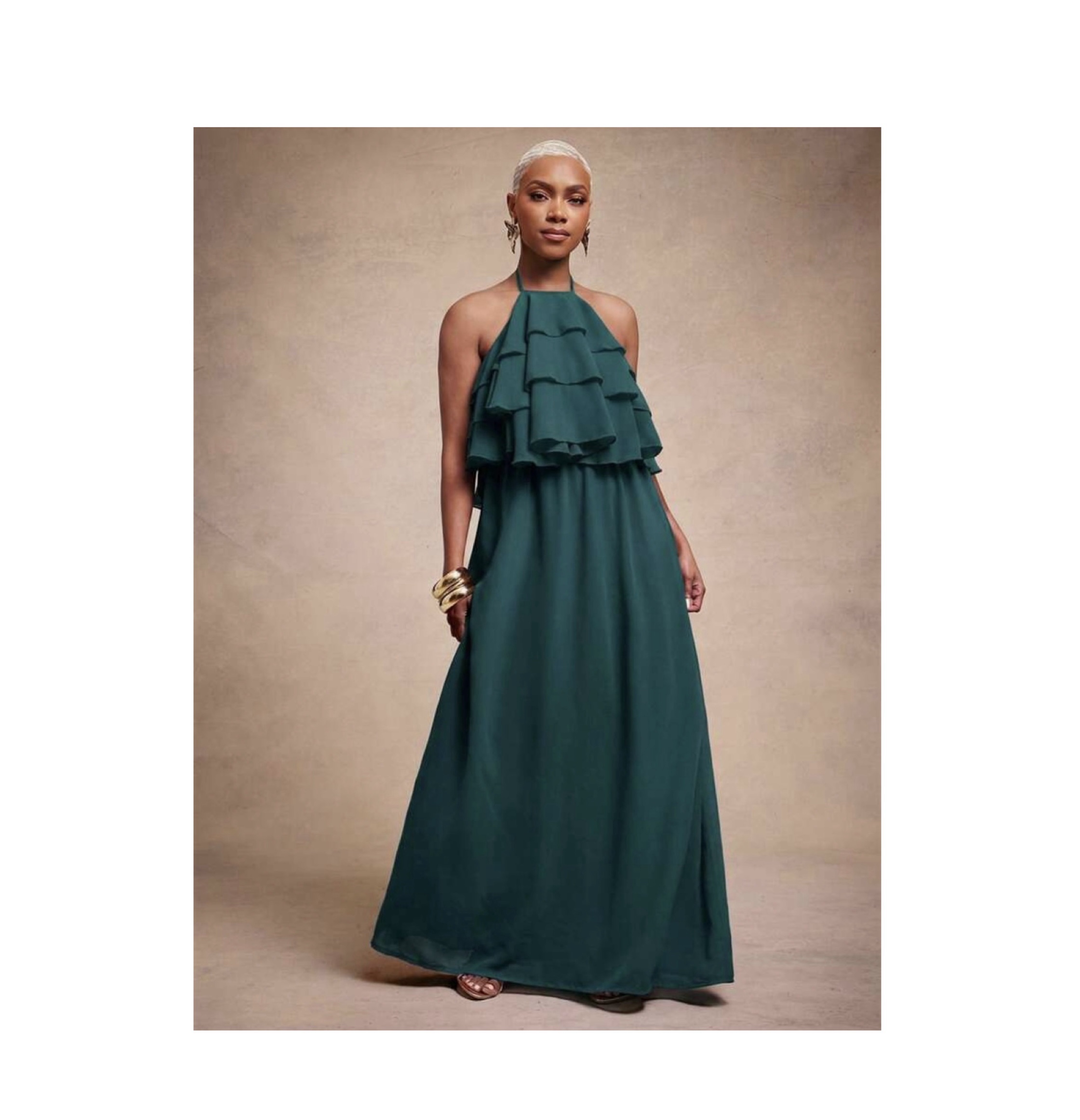 SHEIN halter step front ruffles in backless maxi in dark green M SHEIN halter step front ruffles in backless maxi in dark green M