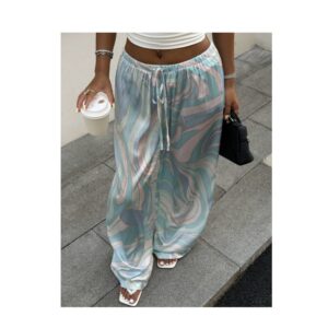 SHEIN classy silky satin pants in abstract multi color blue mix  L