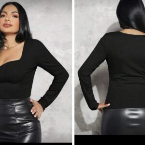 Shein ribbed sweetheart neck long sleeve top in black 12/14