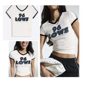 Bershka short sleeve contrast printed Tshirt in white  & navy blue 96 lows