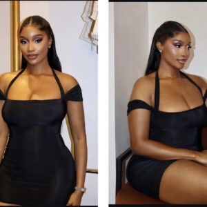 Plt shape black halter neck straight neck mini dress in black
