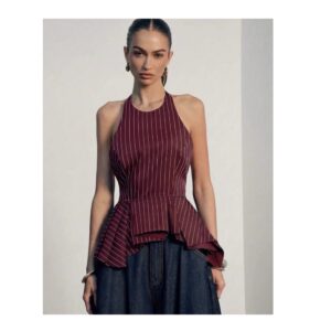 SHEIN classy halter pinstripe backless top with peplum in burgundy  M