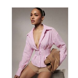SHEIN solid stripe collar button shirt in watermelon pink  L