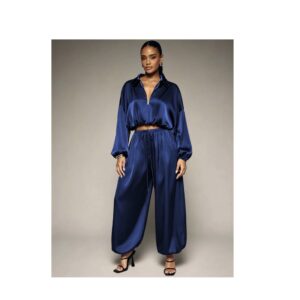SHEIN two piece  satin lounge set with  collar top and joggers pants in blue L