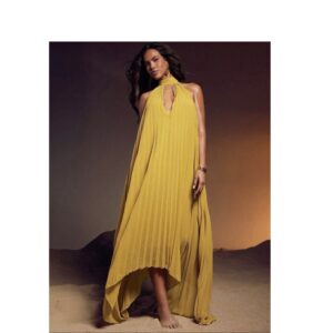 SHEIN halter mock neck backless high low pleated dress in custard yellow