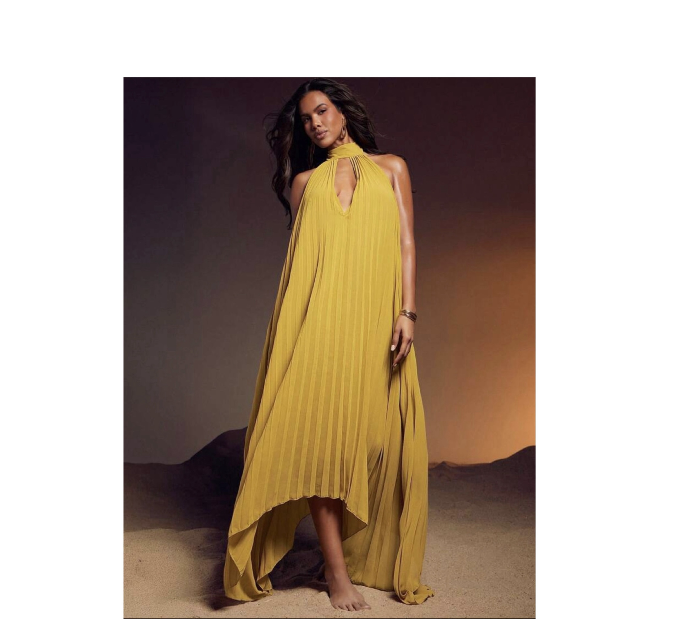 SHEIN halter mock neck backless high low pleated dress in custard yellow SHEIN halter mock neck backless high low pleated dress in custard yellow