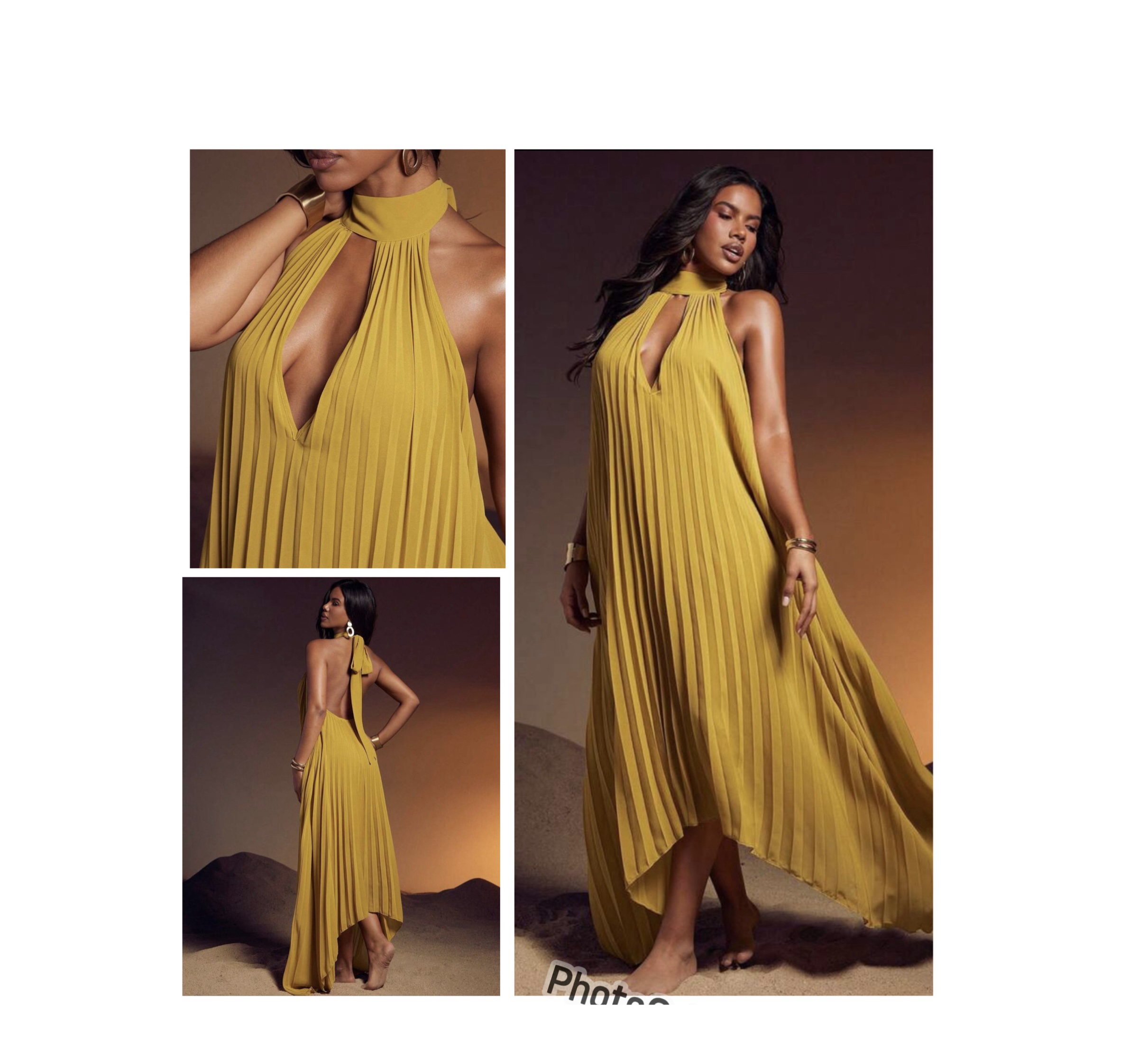 SHEIN halter mock neck backless high low pleated dress in custard yellow SHEIN halter mock neck backless high low pleated dress in custard yellow - Image 2