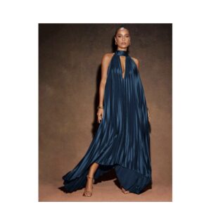 SHEIN sexy pleated halter backless classy dress in navy teal blue L