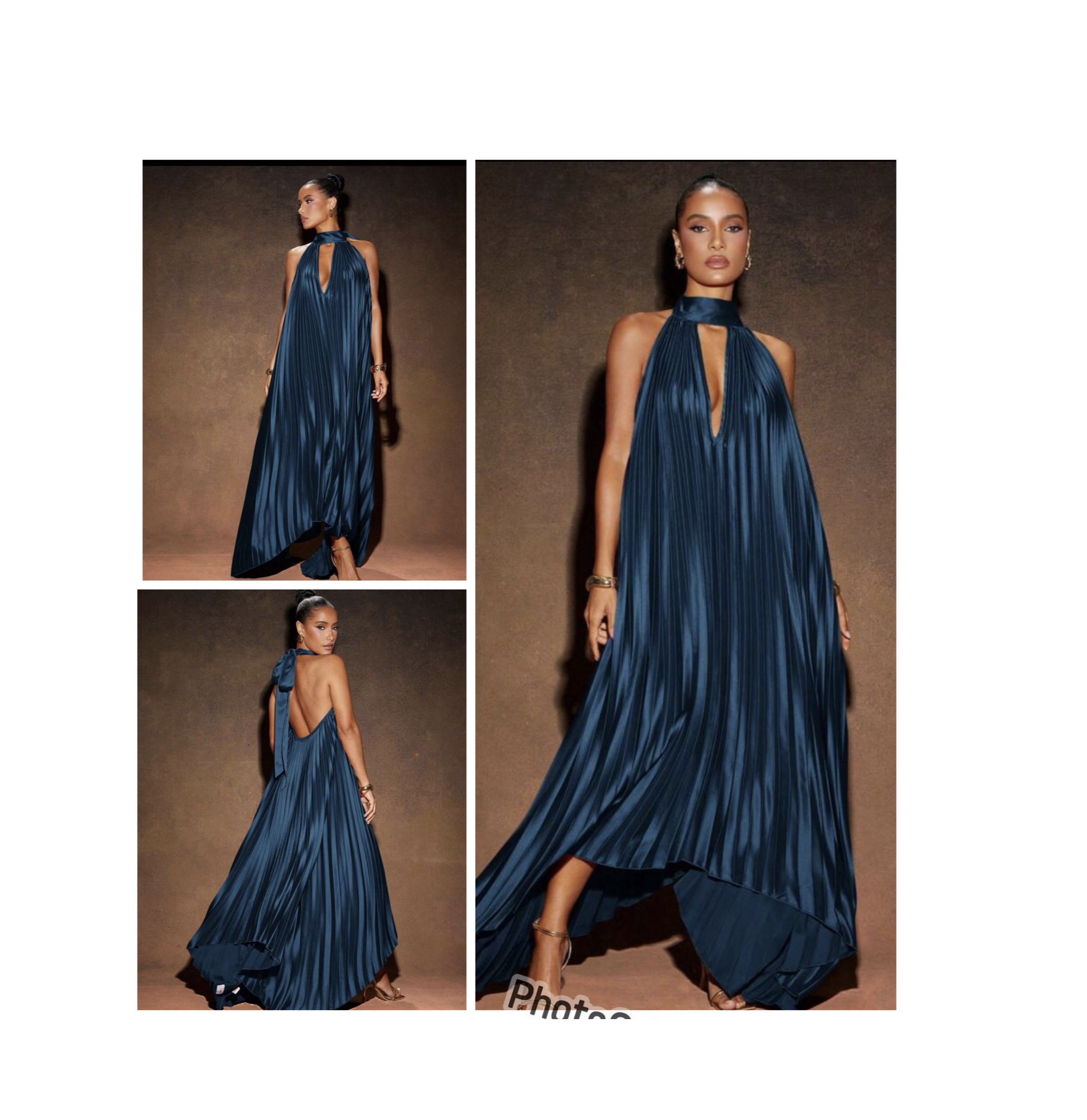 SHEIN sexy pleated halter backless classy dress in navy teal blue L SHEIN sexy pleated halter backless classy dress in navy teal blue L - Image 2