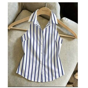SHEIN collar halter backless stripe top in blue & white M