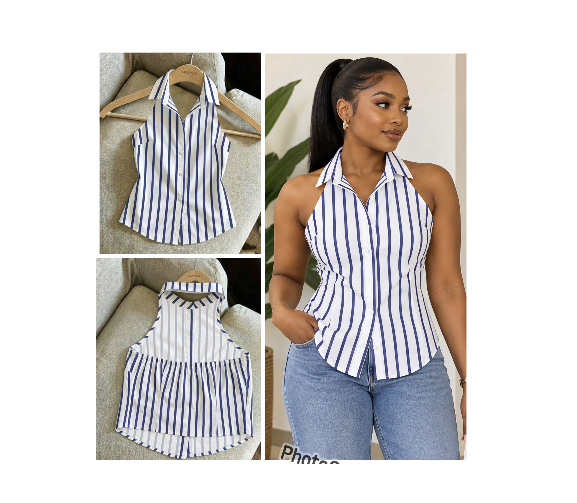 SHEIN collar halter backless stripe top in blue & white M SHEIN collar halter backless stripe top in blue & white M - Image 2