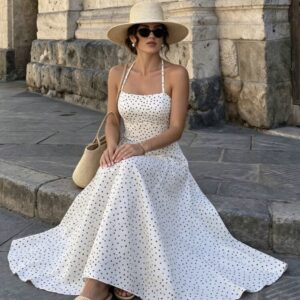 SHEIN simple halter backless A line polka dress in white & black L