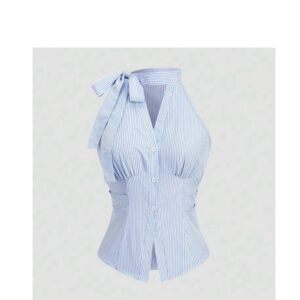 Shein tie neck  halter stripe blue top L