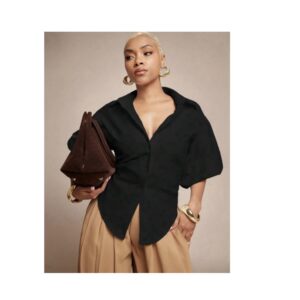 SHEIN collar  puff sleeve tie back top in black XL