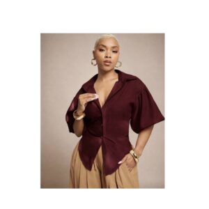 SHEIN collar  puff sleeve tie back top in burgundy  L