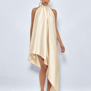 SHEIN classy halter backless satin dress in off white apricot cream  L